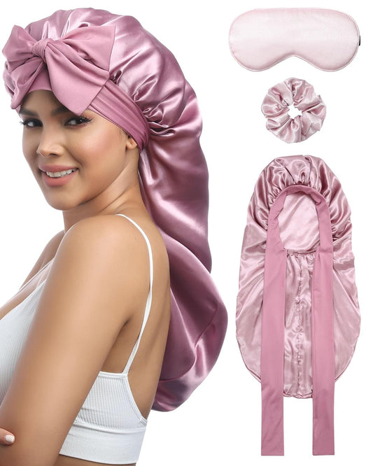 Long Hair Bonnet for Sleeping - Mask and Hair Scunchies Set Stain Womens Bonnet with Elastic Tie Band(Rose Gold)