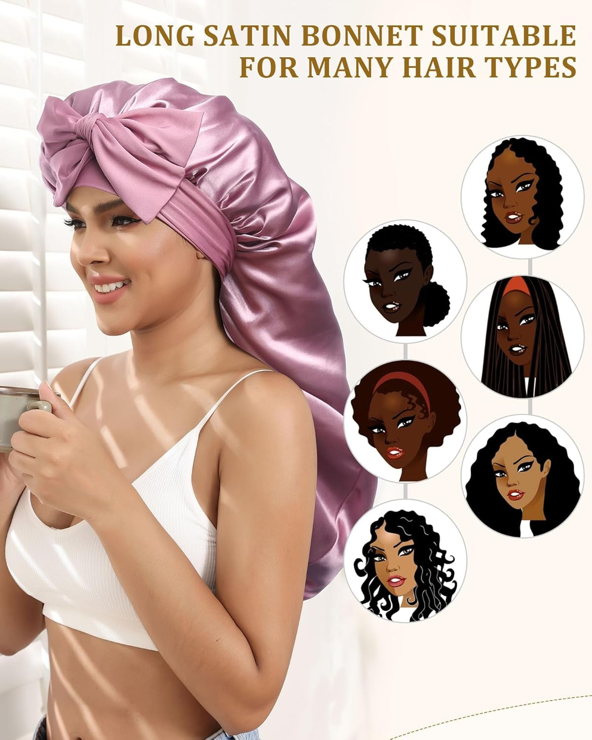 Long Hair Bonnet for Sleeping - Mask and Hair Scunchies Set Stain Womens Bonnet with Elastic Tie Band(Rose Gold)