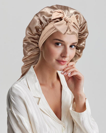 Long Hair Bonnet for Sleeping - Double Layer Long Elastic Tie Band Satin Bonnet for Women with Sleep Eye Mask (Champagne)