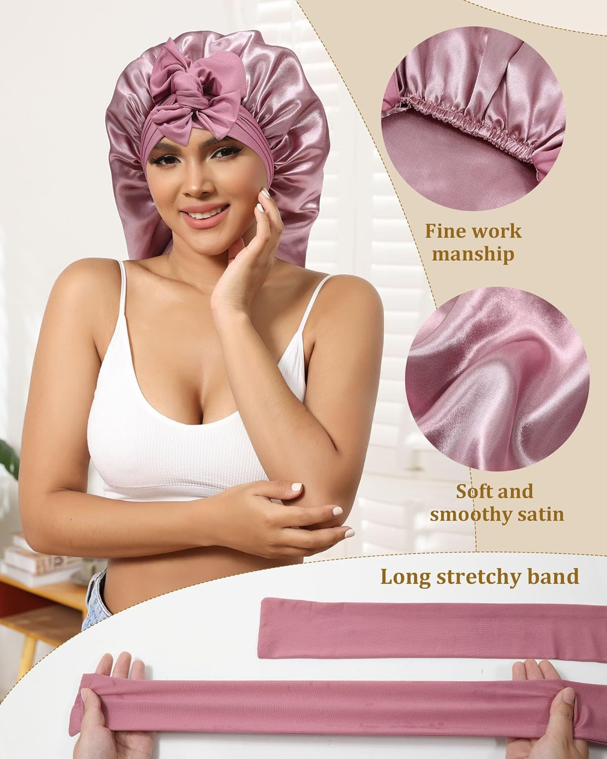 Long Hair Bonnet for Sleeping - Mask and Hair Scunchies Set Stain Womens Bonnet with Elastic Tie Band(Rose Gold)