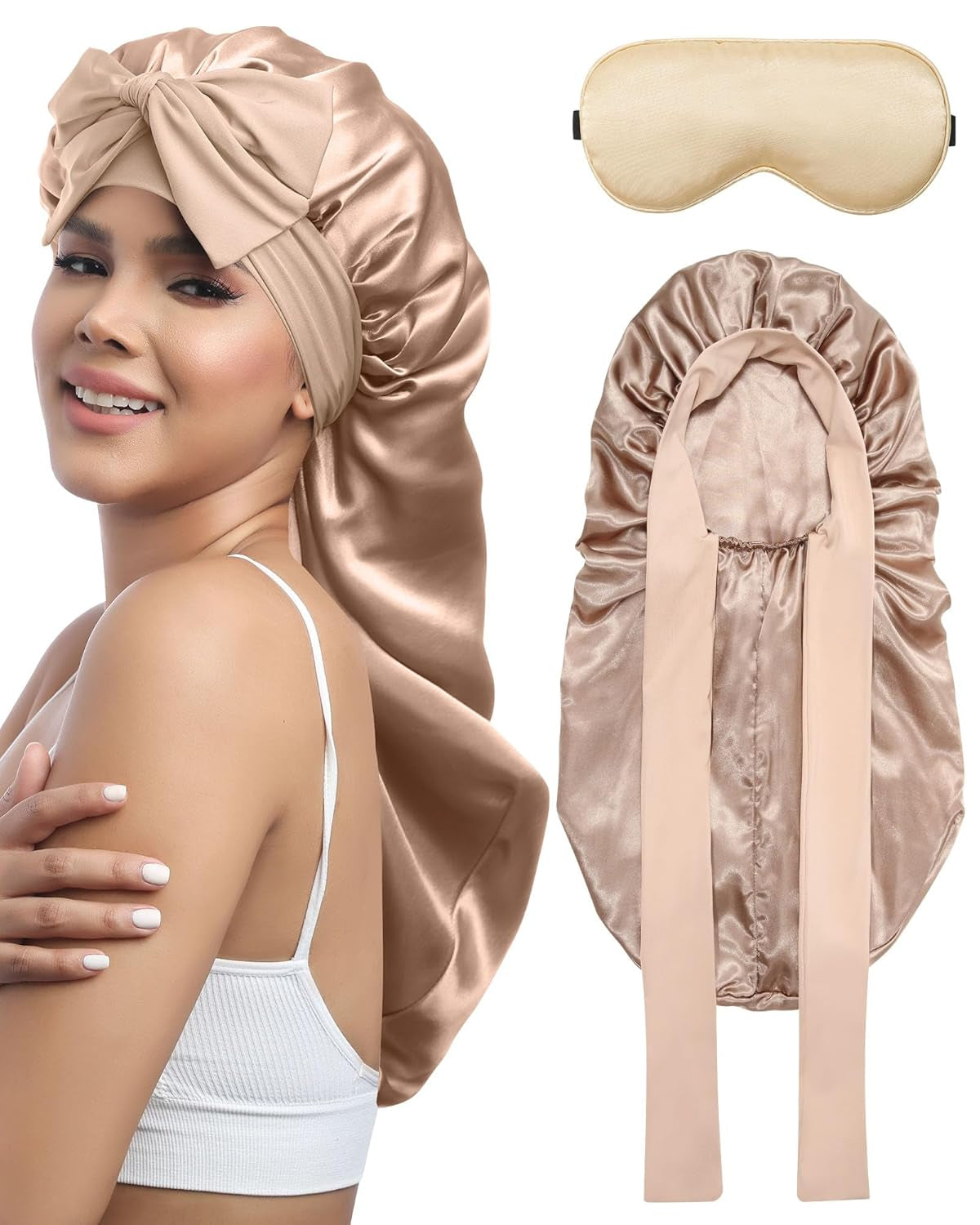 Long Hair Bonnet for Sleeping - Double Layer Long Elastic Tie Band Satin Bonnet for Women with Sleep Eye Mask (Champagne)